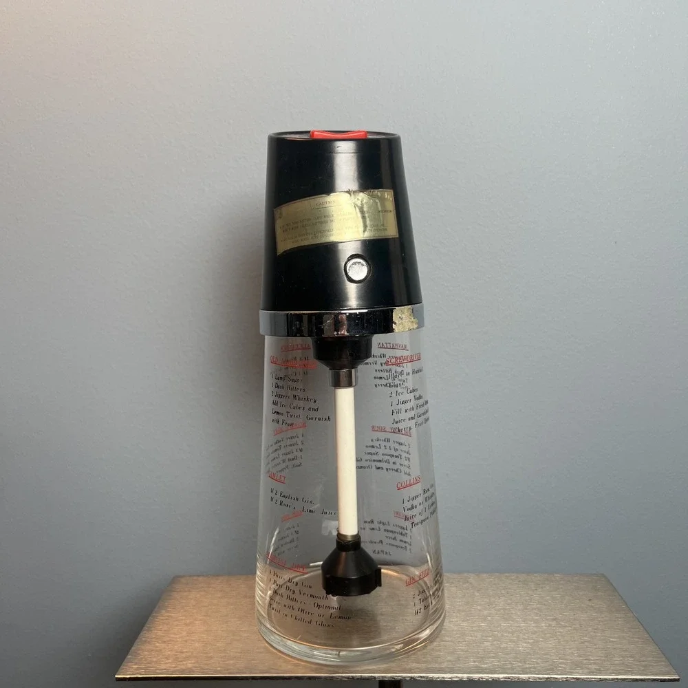 Vintage Mix'n Pour-O-Matic Electric Cocktail Shaker Glass Recipe Carafe Black